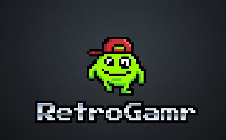 RetroGamr hero logo — pixel mascot and chrome wordmark